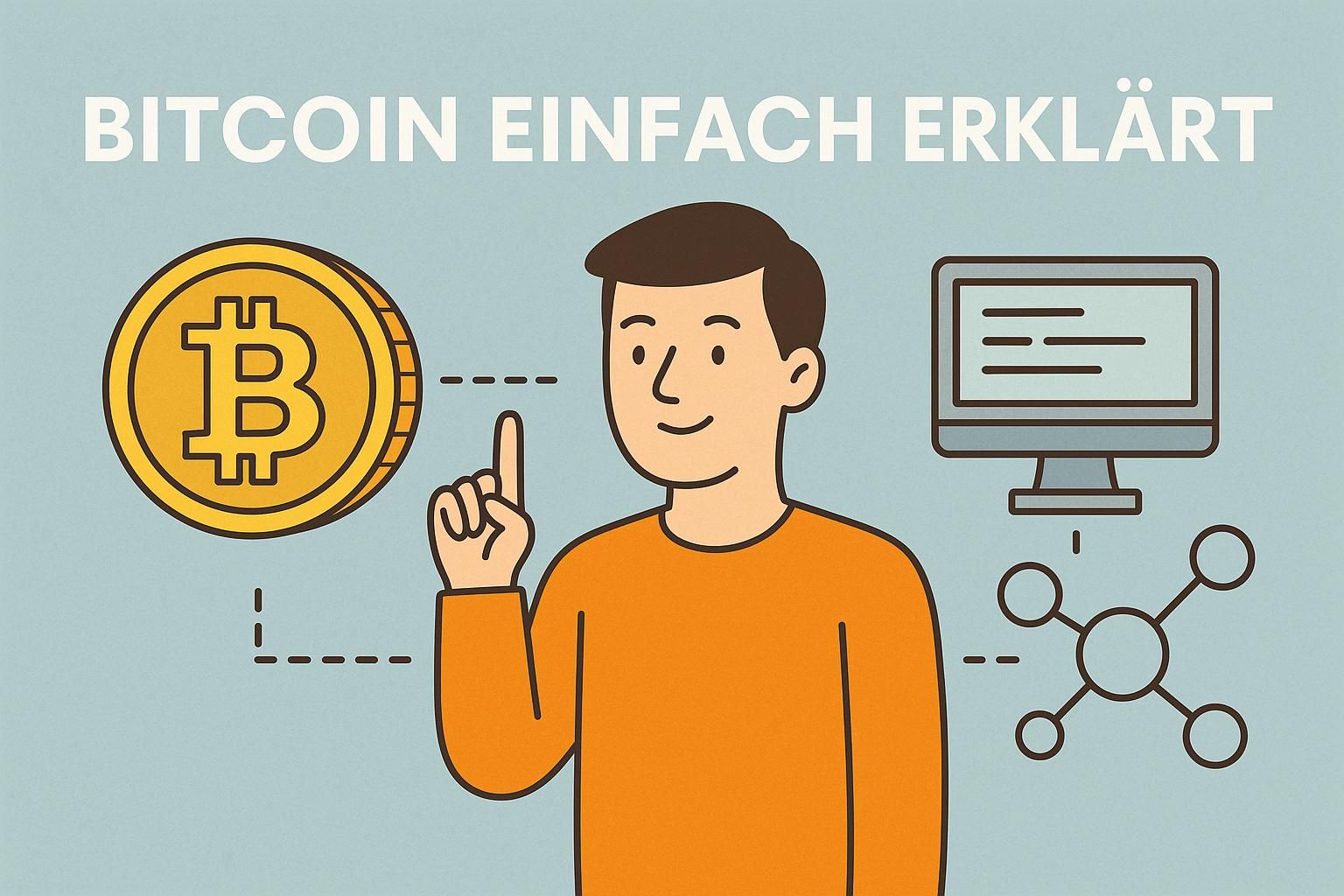 Querformatige, flache Infografik mit dem Titel „Bitcoin einfach erklärt“. Links ist eine stilisierte goldene Bitcoin-Münze, in der Mitte eine Person mit erhobenem Zeigefinger, rechts ein Monitor und ein Netzwerksymbol. 