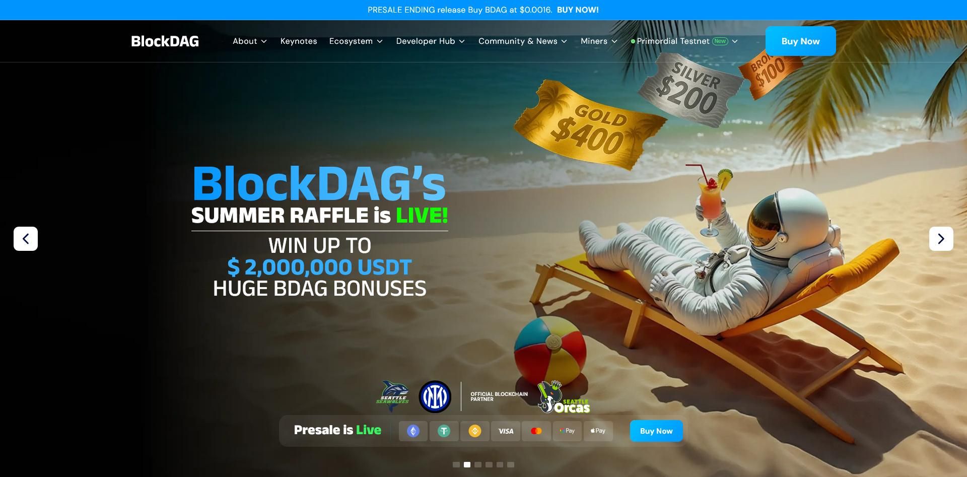 BlockDAG Screenshot mit einem Astronauten am Strand