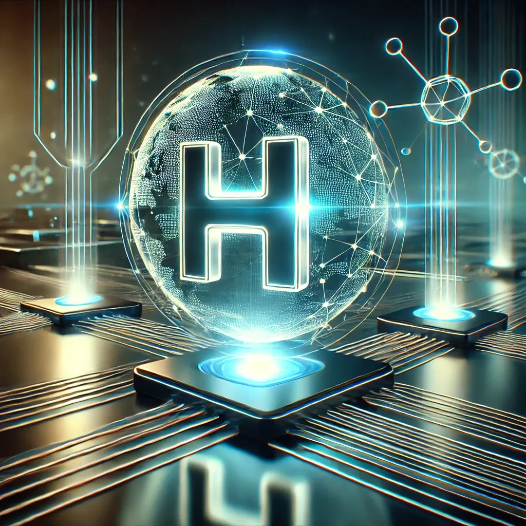 DALL·E 2025-01-26 22.19.54 - A futuristic and sleek illustration representing HBAR (Hedera Hashgraph). The image features a glowing HBAR logo with a digital network of connected n.webp