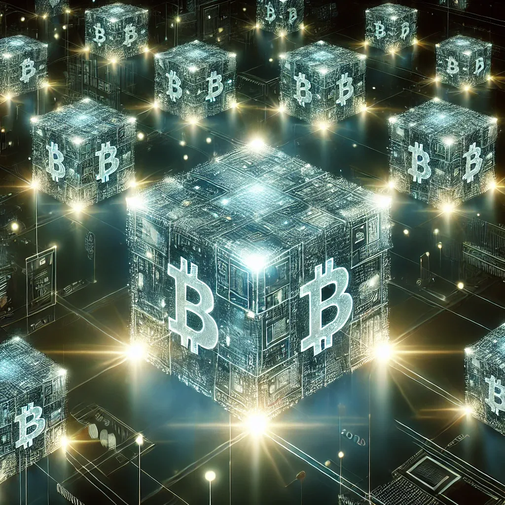  Blockchain mit leuchtenden, verbundenen Blöcken in einer futuristischen digitalen Umgebung. Die Blöcke symbolisieren Datenstrukturen und kryptografische Sicherheit