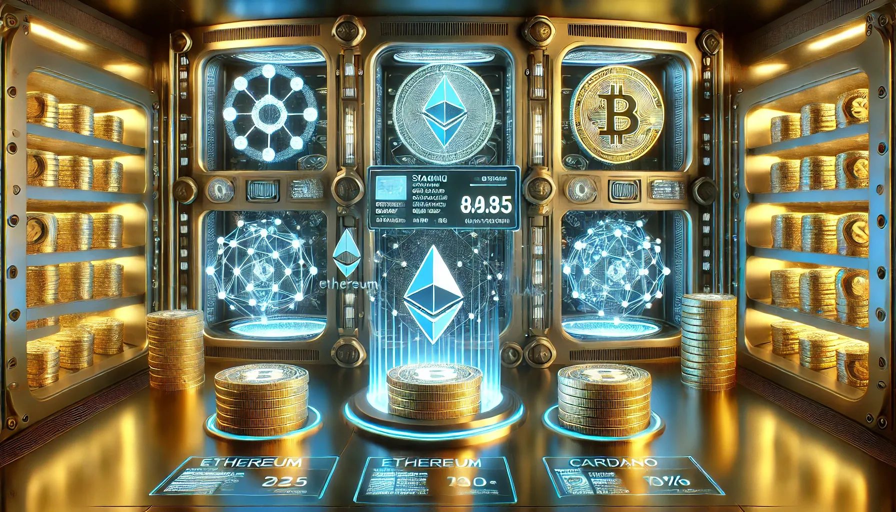 DALL·E 2025-03-10 21.41.39 - A wide-format futuristic digital illustration of cryptocurrency staking in 2025. The image showcases a high-tech vault with Ethereum, Cardano, and Sol.webp
