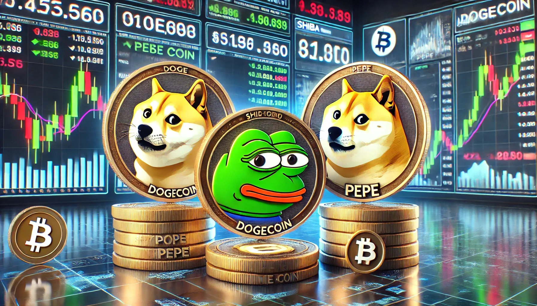 Realistisches Querformat-Bild mit Meme-Coins wie Dogecoin, Shiba Inu und Pepe, dargestellt auf einer digitalen Handelsplattform mit Marktdaten und Trading-Charts