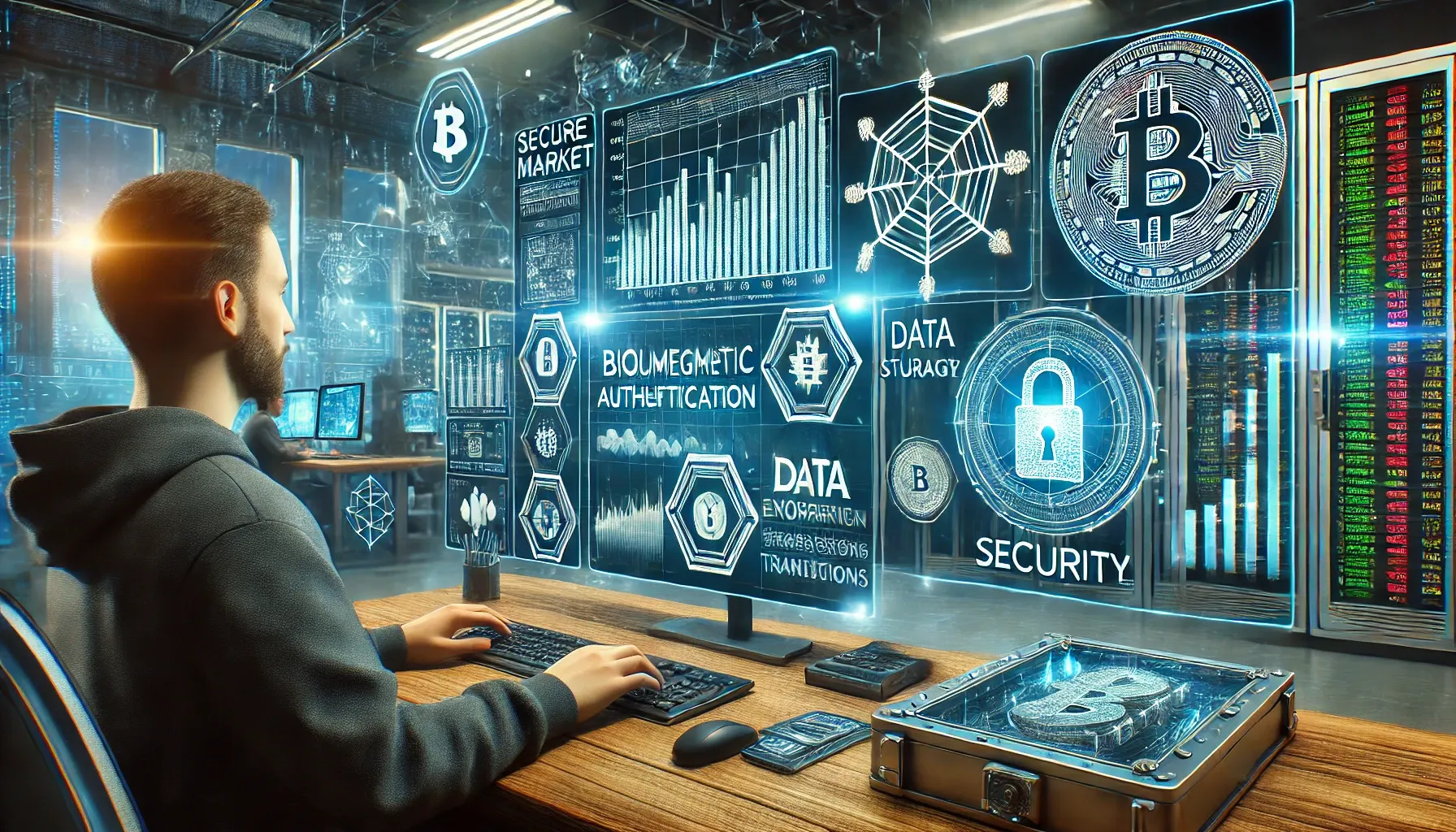 Realistisches Bild einer sicheren Kryptobörse mit modernster Cybersecurity, biometrischer Authentifizierung, verschlüsselten Transaktionen und Cold Storage Vaults. Ein Trader überwacht Live-Marktdaten in einer hochgesicherten digitalen Umgebung
