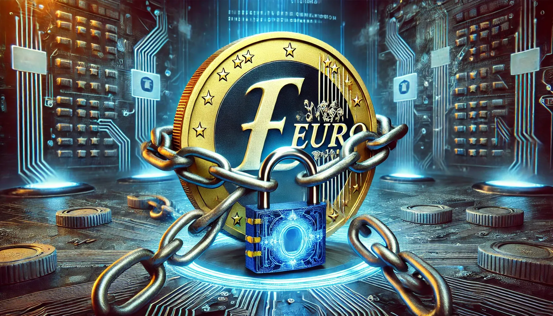 DALL·E 2025-03-11 23.18.38 - A highly realistic wide-format image depicting the concept of a digital euro with restrictions on financial freedom. A holographic euro coin is wrappe.webp