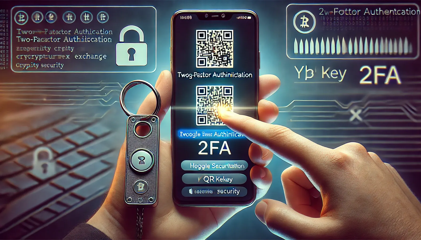 Hyperrealistisches Querformat-Bild einer Person, die Zwei-Faktor-Authentifizierung (2FA) auf einem Smartphone für eine Kryptobörse aktiviert.