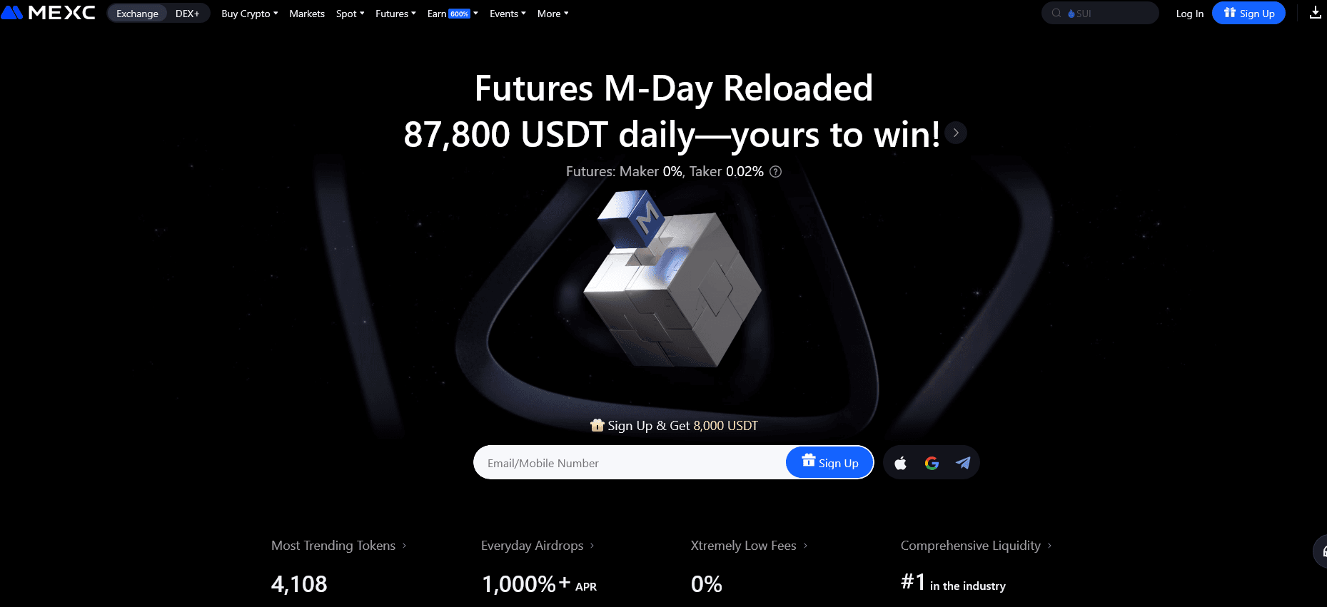 Screenshot der MEXC Krypto börse dunkler hintergrund und suchfunktion sichtbar