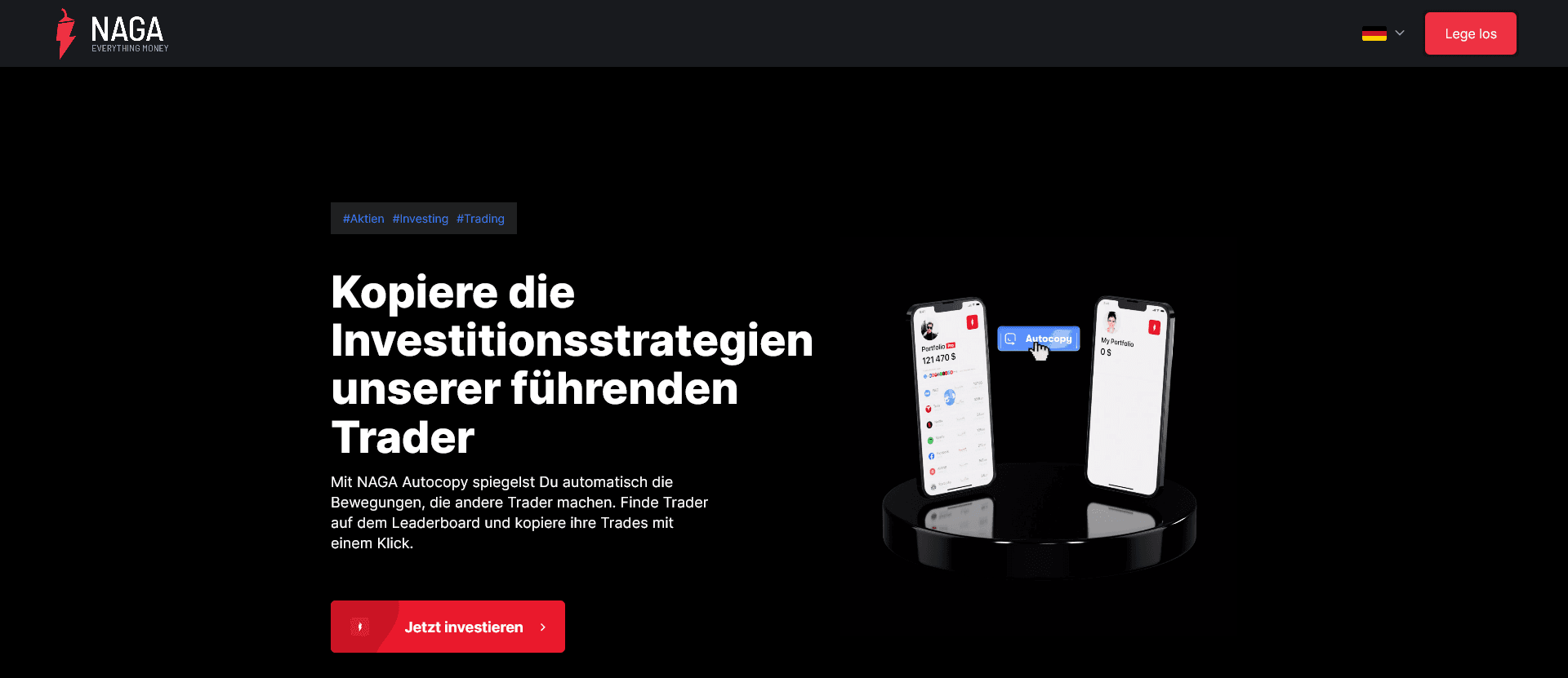 screenshot naga desktop mit 2 handys die das copy trading simulieren