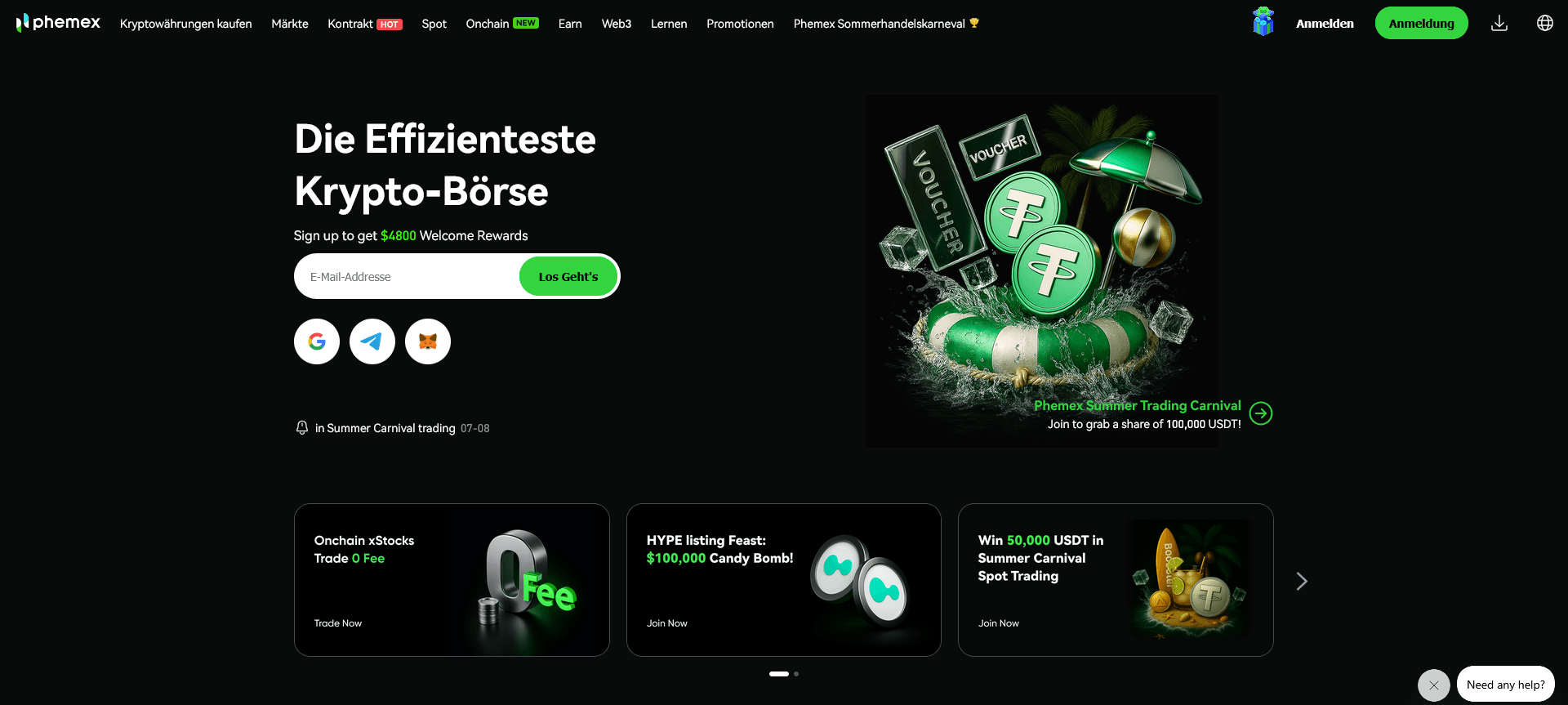 sceenshot phemex börse schwarzer hintergrund theter münzen in grün