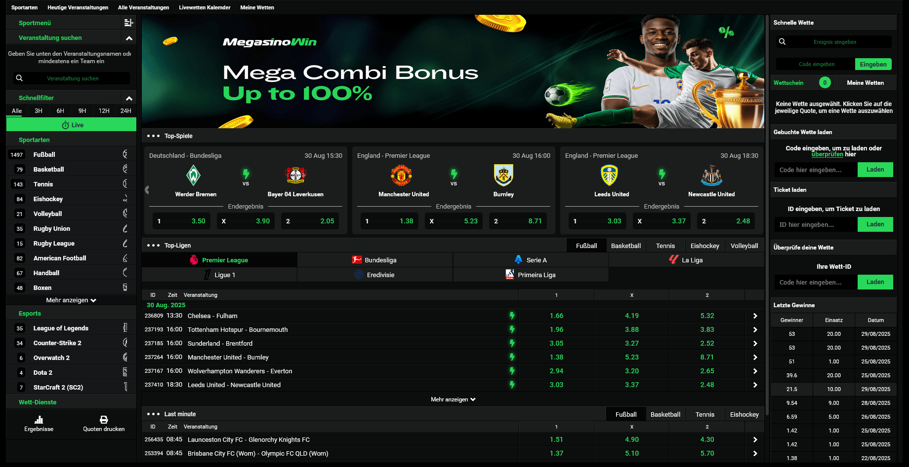 Screenshot Megasino.win Sportwettenanbieter Österreich und Deutschland