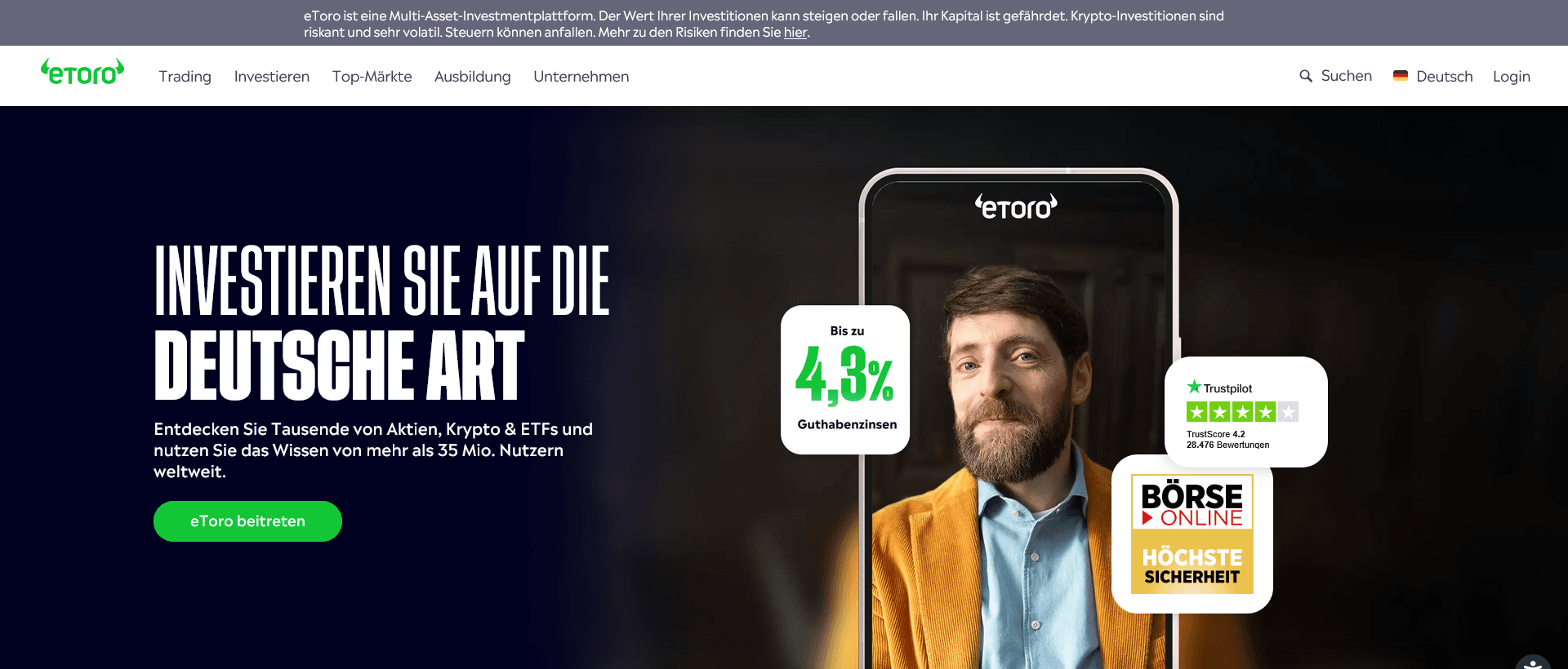 eToro Plattform für Aktien, Krypto & ETFs – Investieren mit 4,3 % Zinsen und hoher Sicherheit.