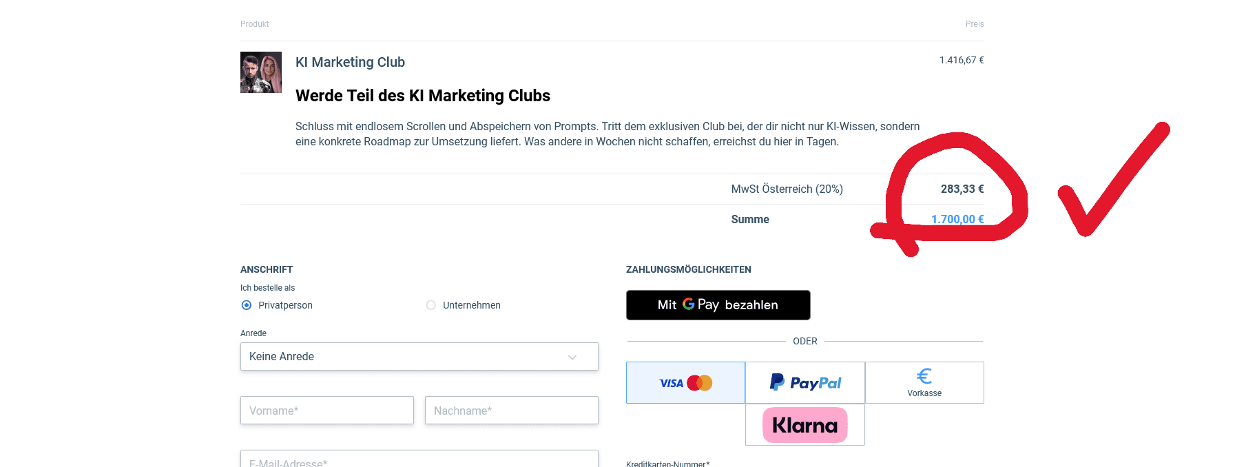 screenshot herr tech Ki Marketing Club Checkout inkl. Rabattcode