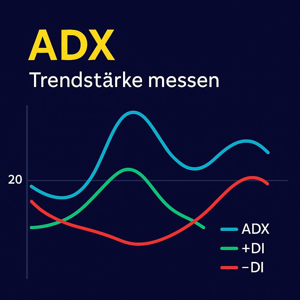 Liniendiagramm mit ADX (türkis), +DI (grün) und -DI (rot) auf dunkelblauem Hintergrund, Titel „ADX – Trendstärke messen“, inklusive 20er-Marke zur Einordnung der Trendstärke