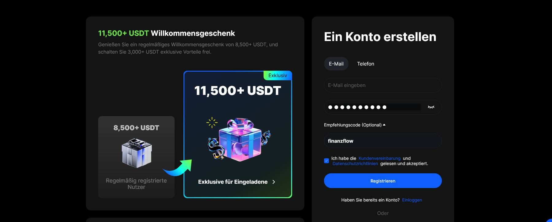 Registrierungsseite von BingX mit Hinweis auf 11.500+ USDT Willkommensbonus für eingeladene Nutzer und Eingabemaske mit Empfehlungs-Code „finanzflow