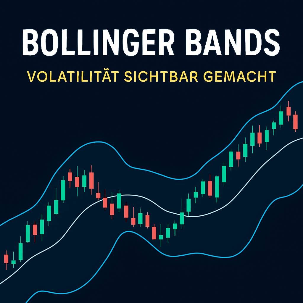 Chart mit Candlesticks und Bollinger Bändern auf dunkelblauem Hintergrund, Titel „BOLLINGER BANDS – Volatilität sichtbar gemacht