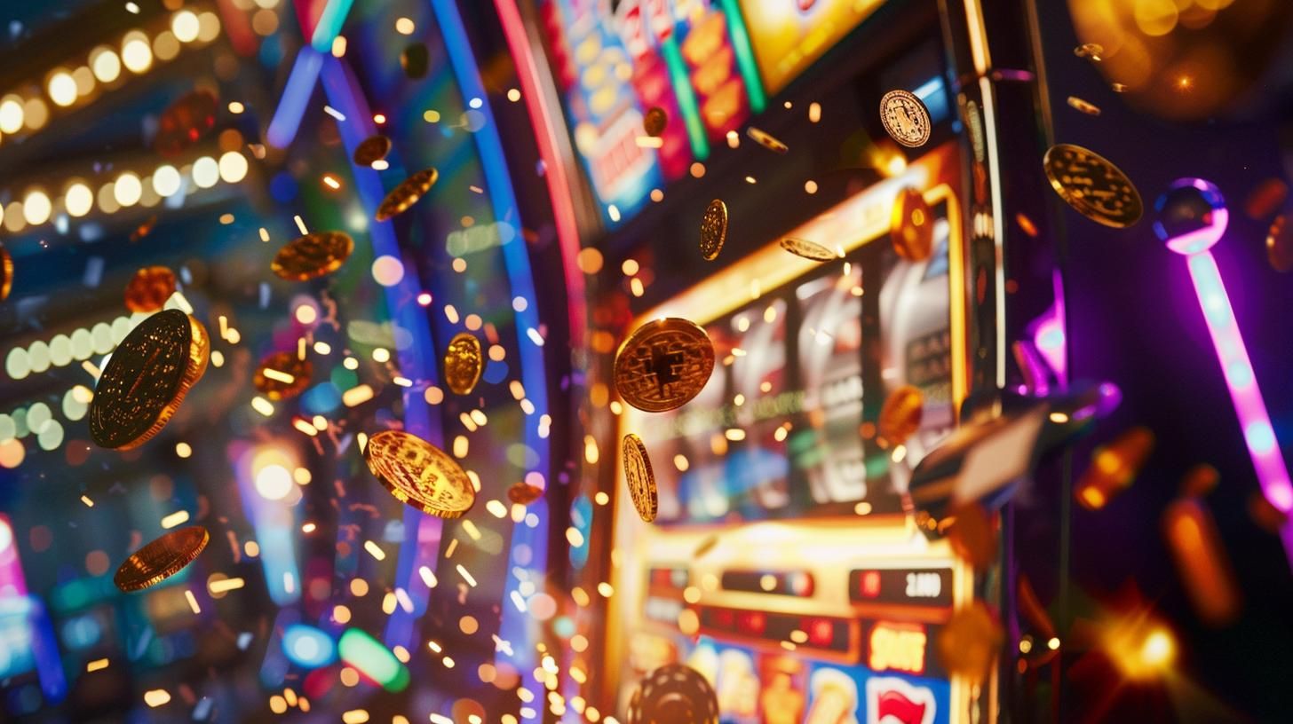 Goldene Coins fliegen durch die Luft vor einem leuchtenden Spielautomaten in einem Online-Casino – Glitzer, Spannung und Gewinnstimmung.
