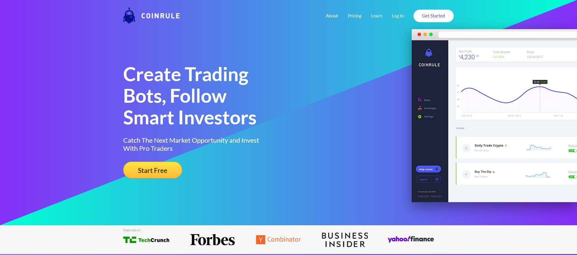 Coinrule-Startseite mit Slogan „Create Trading Bots, Follow Smart Investors“, bunter Farbverlauf im Hintergrund und Dashboard-Vorschau auf der rechten Seite. 