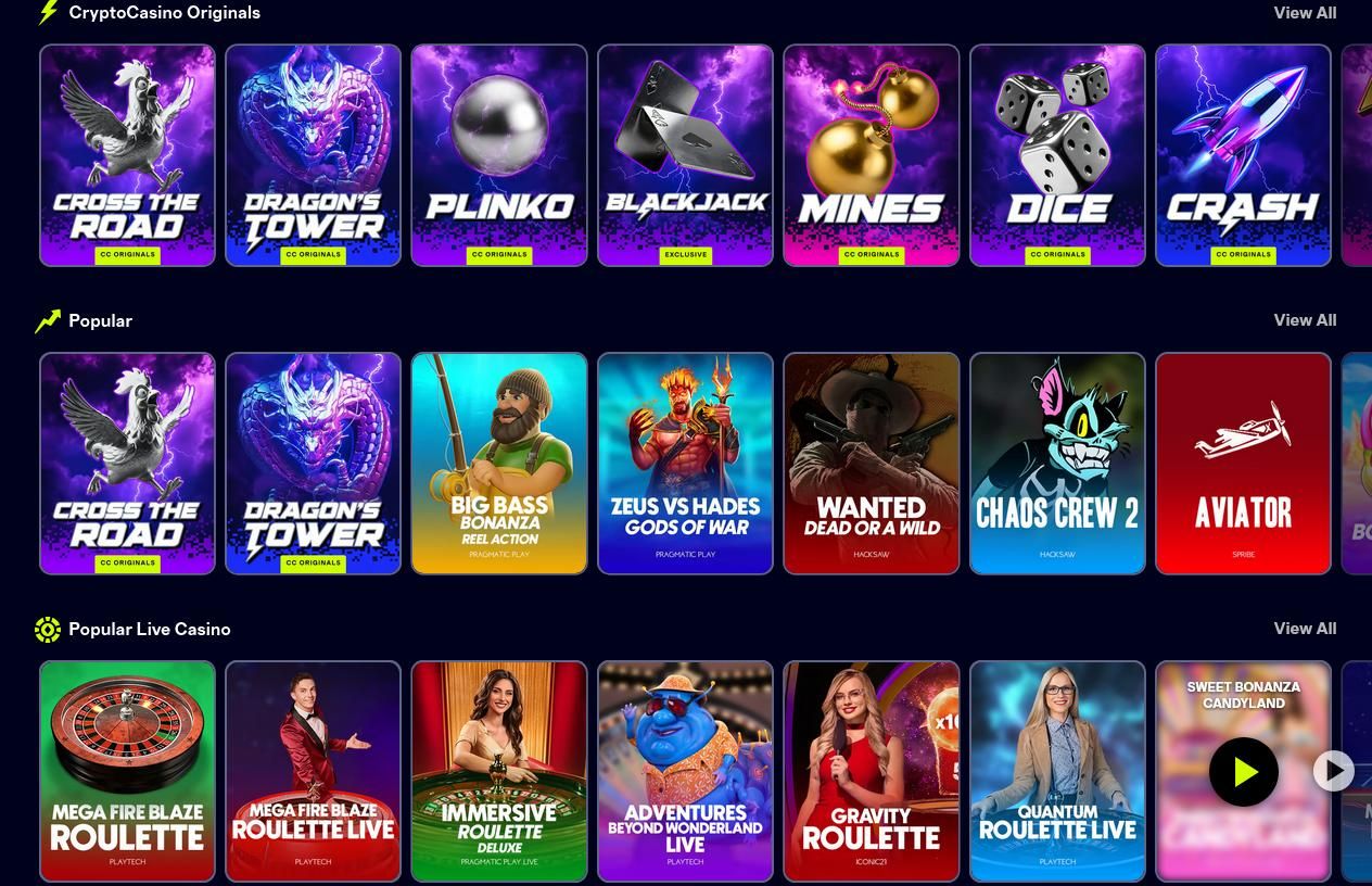 Übersicht verschiedener Casino-Spiele auf einer CryptoCasino-Plattform, darunter Cross the Road, Dragon’s Tower, Plinko, Blackjack, Mines, Dice, Crash sowie populäre Slots wie Big Bass Bonanza, Zeus vs Hades, Wanted, Chaos Crew 2 und Aviator
