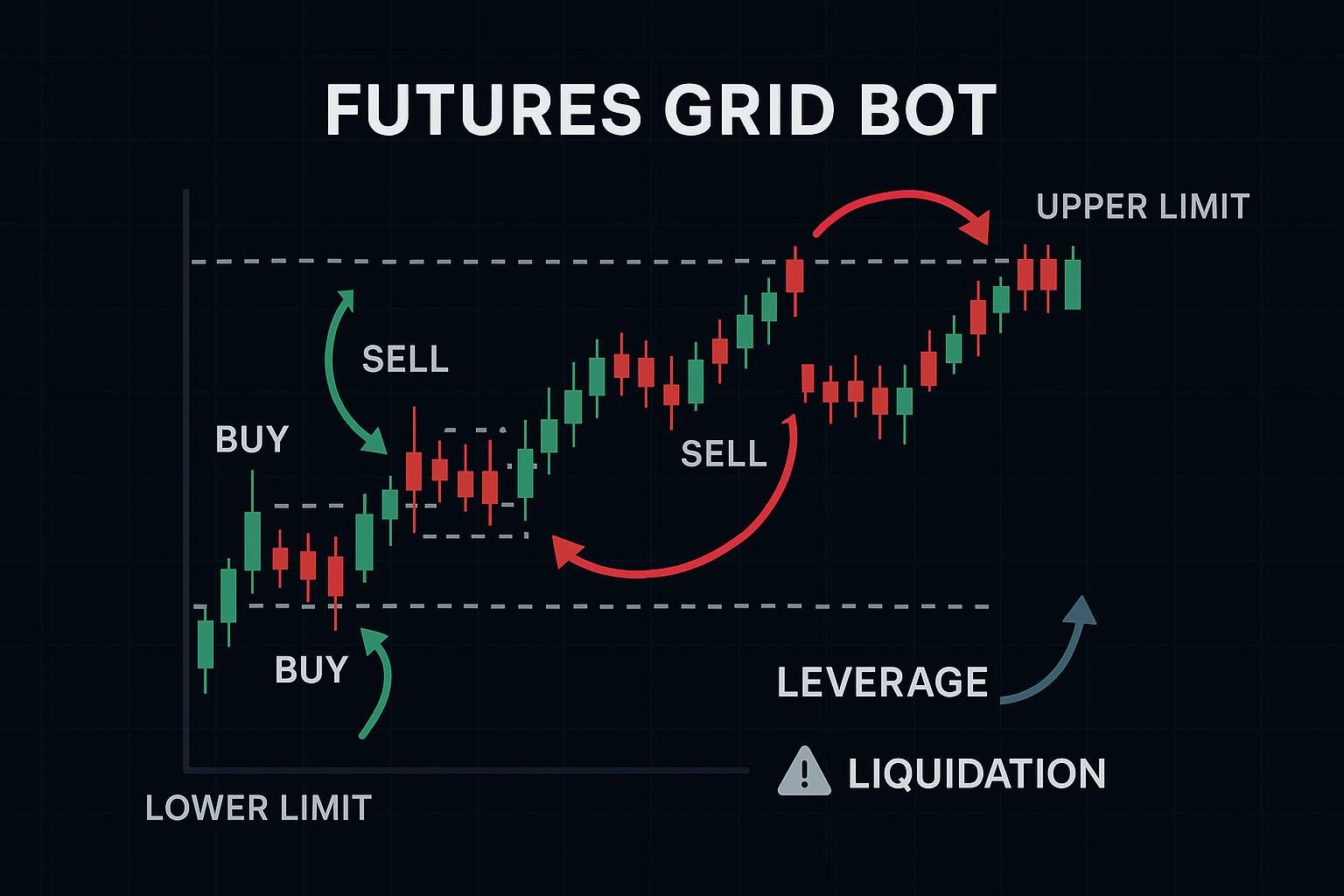 Infografik eines Futures Grid Bots auf dunklem Trading-Chart. Mit oberen und unteren Preisgrenzen, Buy- und Sell-Pfeilen, Leverage-Markierung und Hinweis auf Liquidationsgefahr