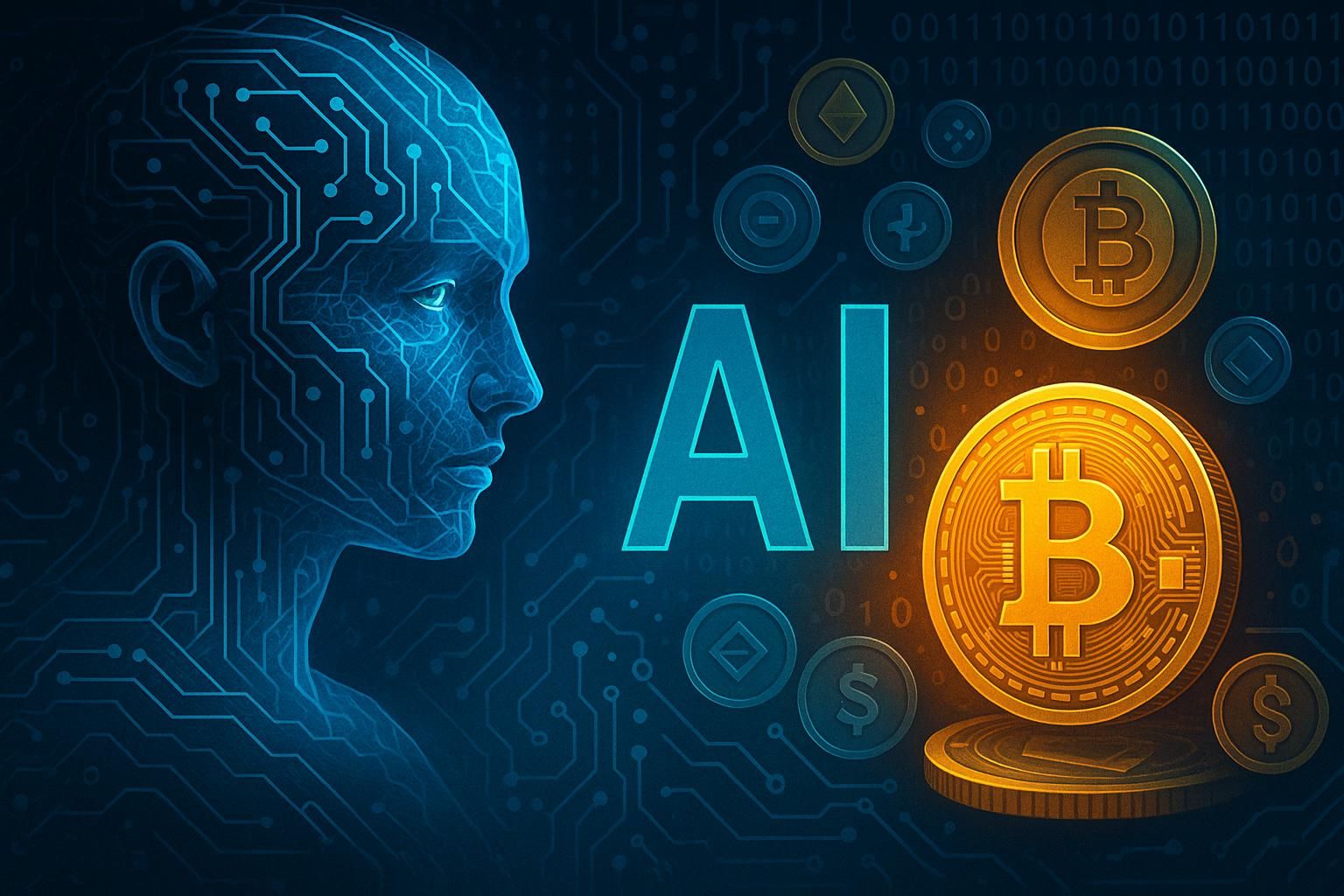 Digitale Illustration im Querformat: Links ein leuchtender, futuristischer KI-Kopf mit neuronalen Mustern auf dunklem Hintergrund, rechts goldene Kryptowährungen wie Bitcoin, Ethereum und Dollarzeichen