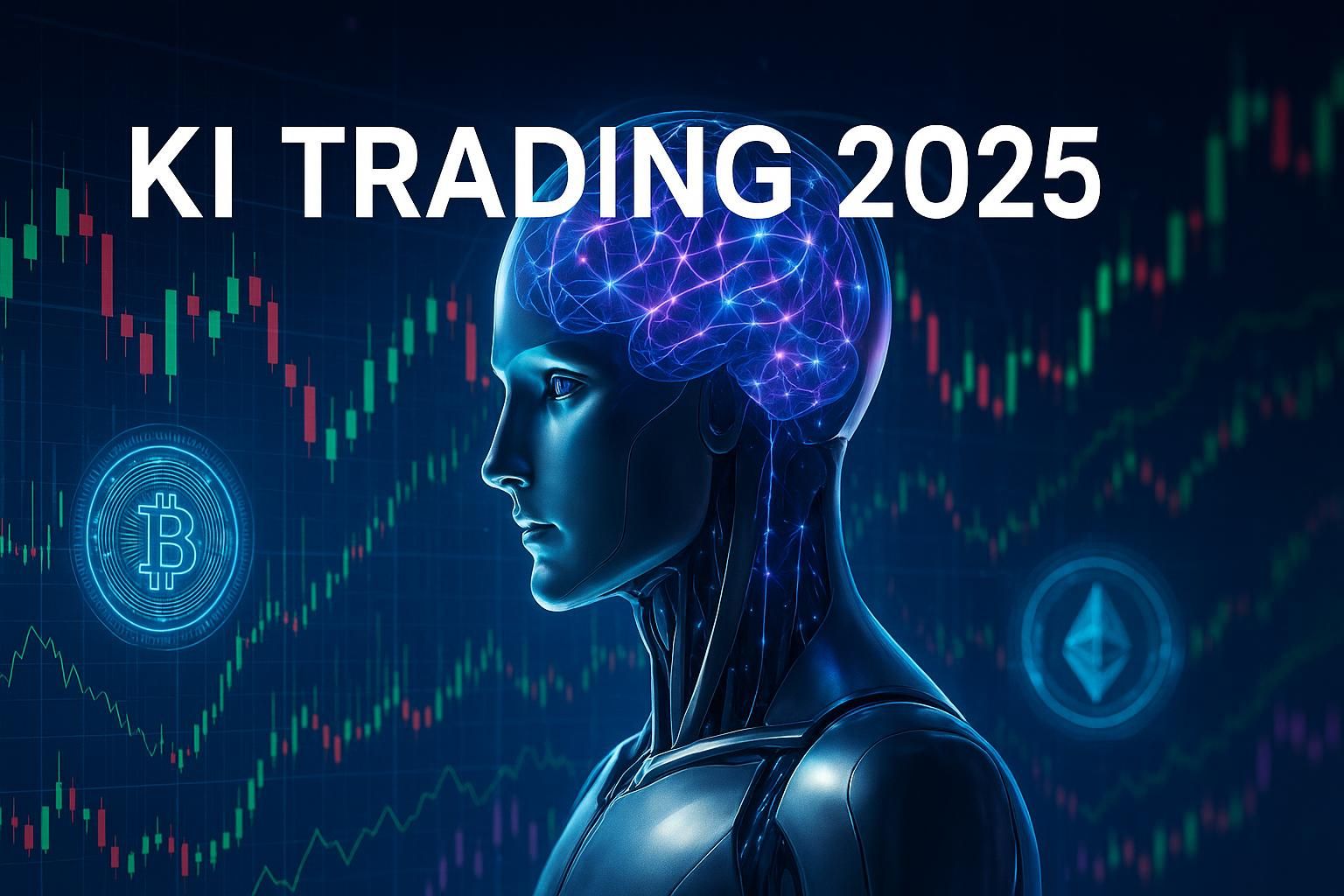 Professionelles Titelbild für KI Trading Artikel 2025. Zeigt das Seitenprofil eines eleganten, metallisch-blauen Roboterkopfes mit einem leuchtenden, violett-blauen neuronalen Netzwerk im transparenten Gehirn.