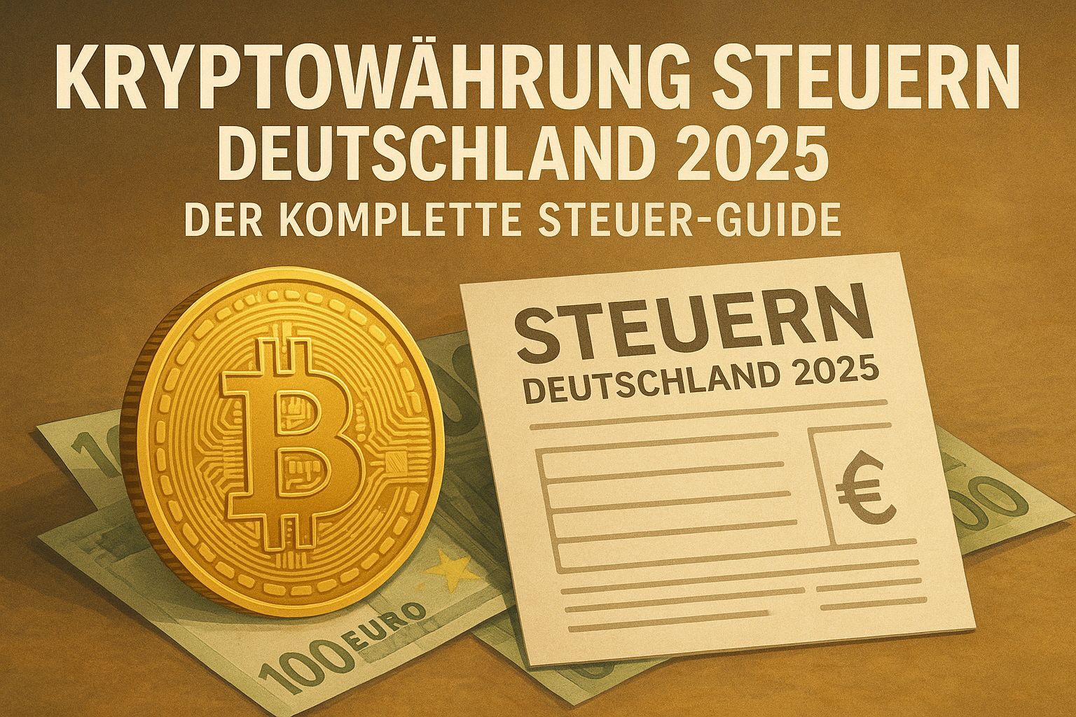 Bitcoin-Münze, Euro-Scheine und Steuerformular – Titelbild zum Thema Kryptowährung Steuern in Deutschland 2025