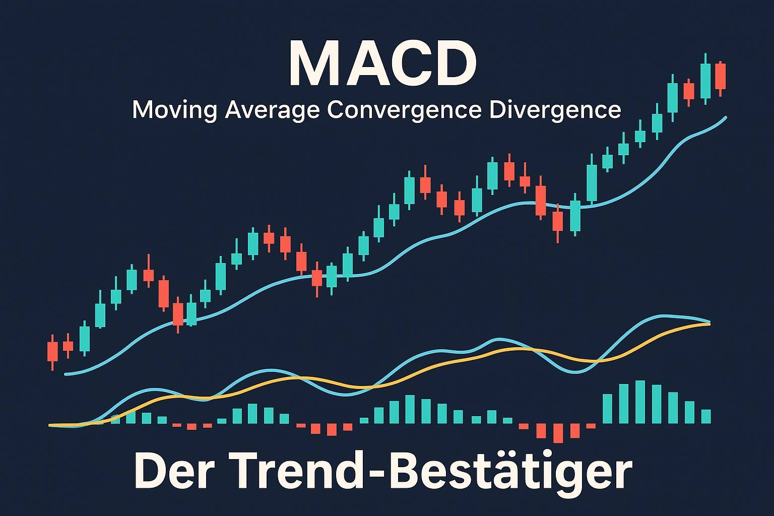 Visual zum MACD (Moving Average Convergence Divergence) mit Candlestick-Chart, MACD-Linie, Signal-Linie und Histogramm – darunter der Titel „Der Trend-Bestätiger
