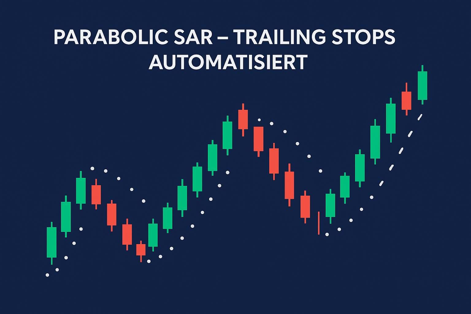 Chart mit grünen und roten Candlesticks und weißen Punkten des Parabolic SAR-Indikators, Titel „Parabolic SAR – Trailing Stops automatisiert“ auf dunkelblauem Hintergrund