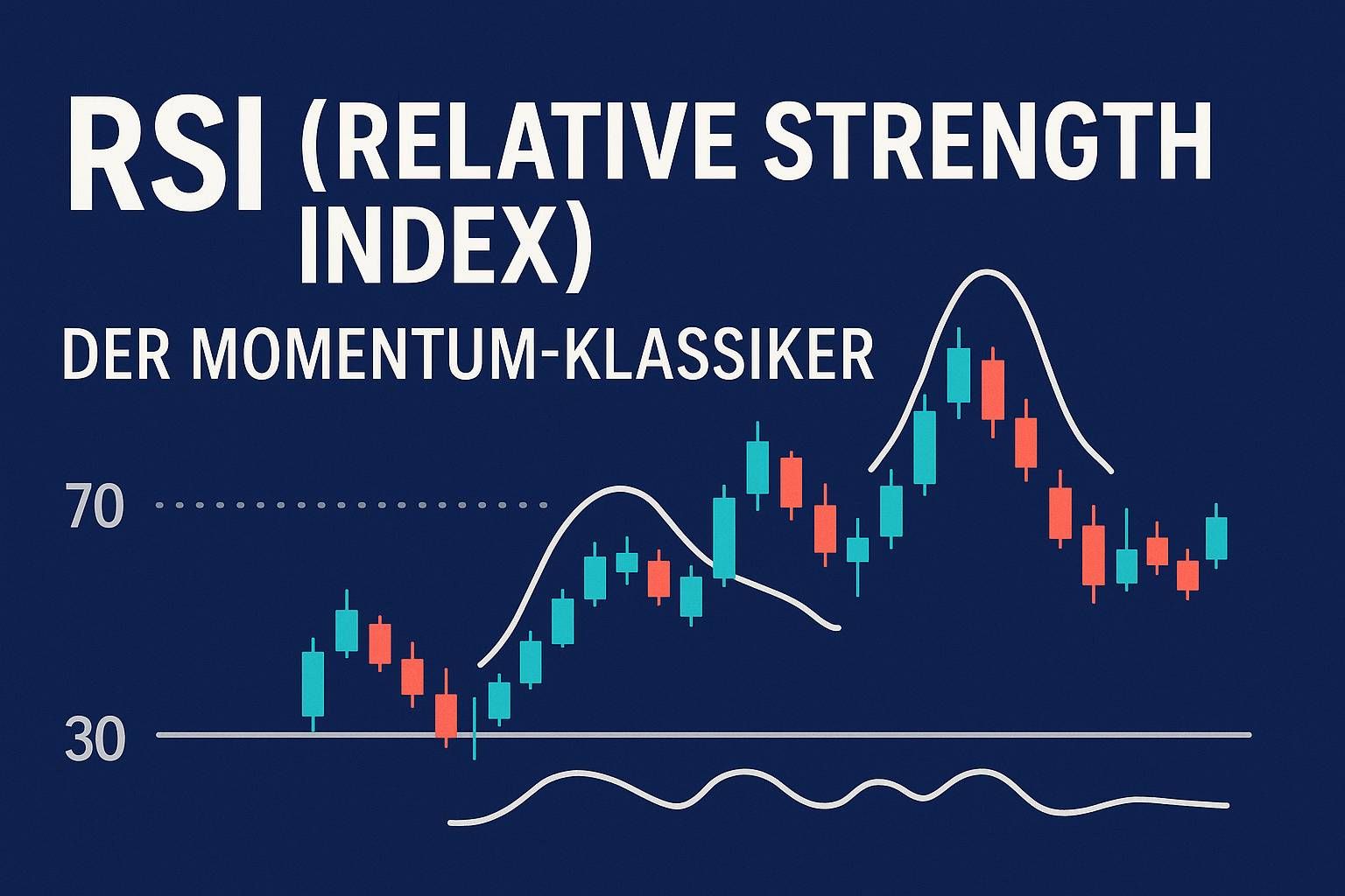 Visual zum Thema RSI (Relative Strength Index) mit Candlestick-Chart, RSI-Linie und den Marken 30 und 70, darunter der Titel „Der Momentum-Klassiker“