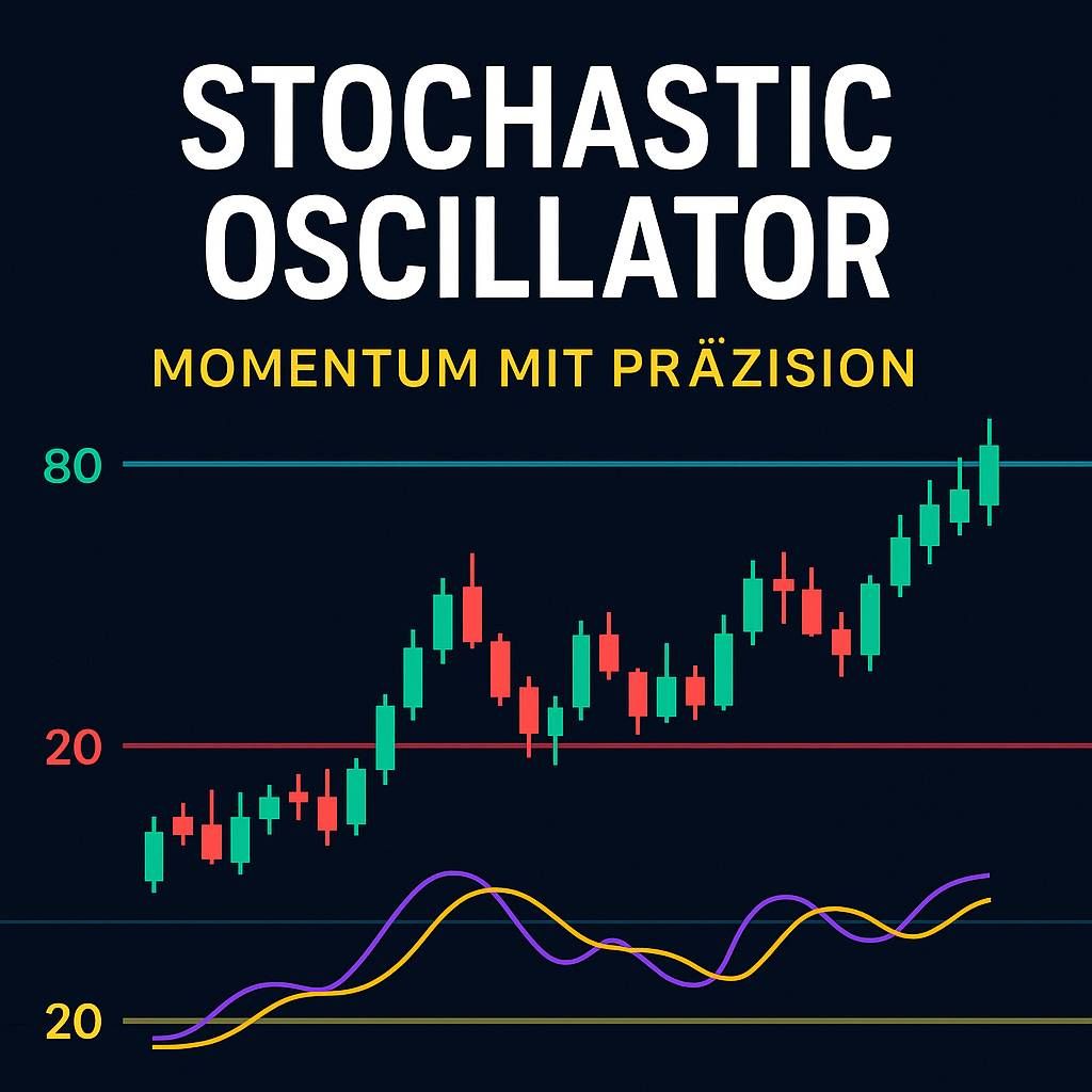 Candlestick-Chart mit Stochastic Oscillator (%K und %D Linien), 80/20-Marken und dem Titel „Stochastic Oscillator – Momentum mit Präzision