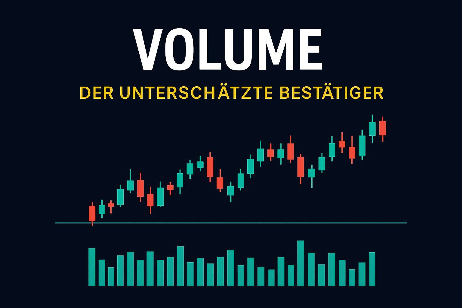 Candlestick-Chart mit Volumenbalken auf dunkelblauem Hintergrund, Titel „VOLUME – Der unterschätzte Bestätiger